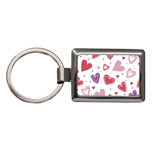 Scattered Hearts Bright Red Pink Purple Love Rectangle Metal Keychain