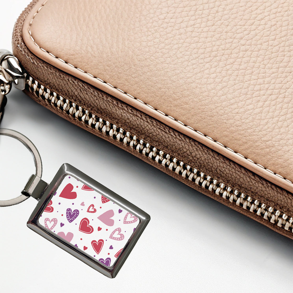 Scattered Hearts Bright Red Pink Purple Love Rectangle Metal Keychain