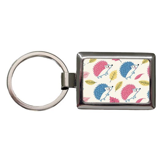 Scattered Hedgehogs Pink Blue Rectangle Metal Keychain