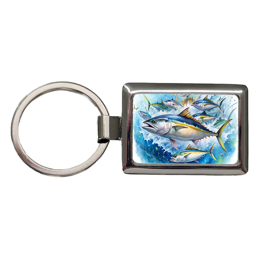 School Of Tuna Deep Sea Sport Fishing Watercolor Rectangle Metal Keychain