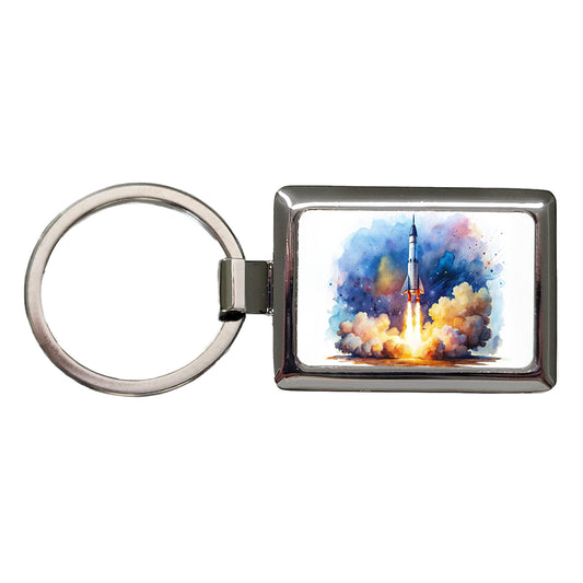 Sci-fi Missile Rocket Launch Watercolor Rectangle Metal Keychain