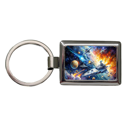 Sci-fi Space Battle Watercolor Rectangle Metal Keychain