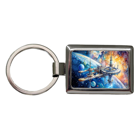 Sci-fi Space Station In Orbit Watercolor Rectangle Metal Keychain