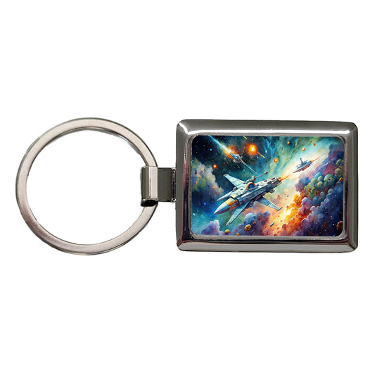 Sci-fi Spaceships Fighting In Space Watercolor Rectangle Metal Keychain