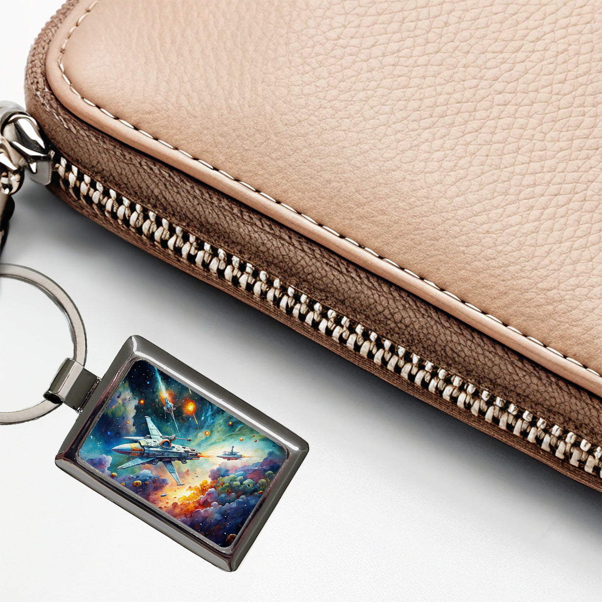 Sci-fi Spaceships Fighting In Space Watercolor Rectangle Metal Keychain