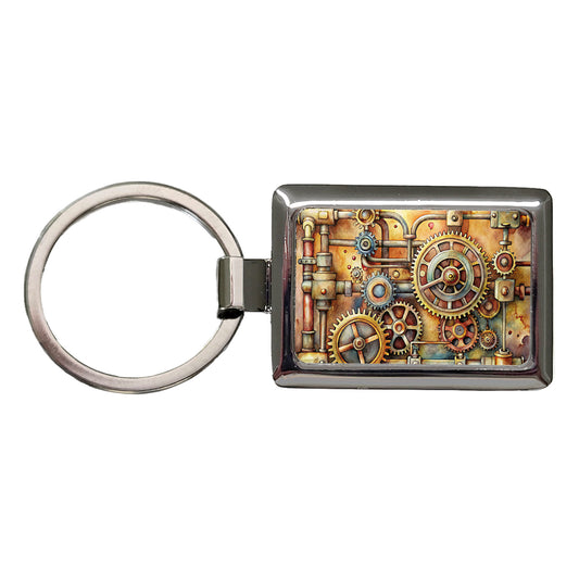 Sci-fi Steampunk Gears And Pipes Watercolor Rectangle Metal Keychain