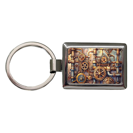 Sci-fi Steampunk Gears Pipes Watercolor Rectangle Metal Keychain