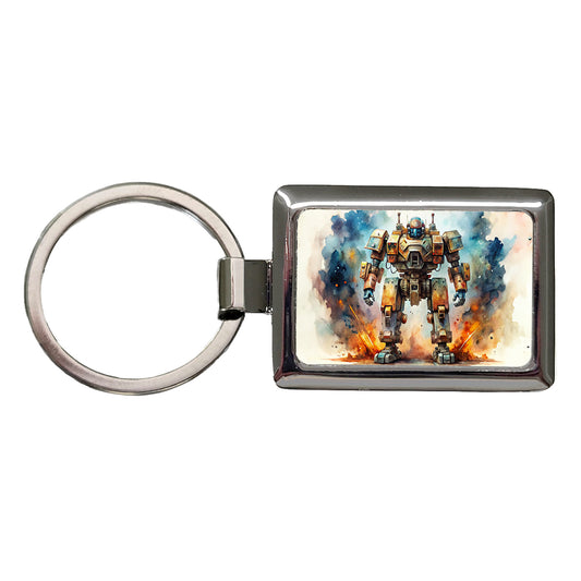 Sci-fi Steampunk Giant Robot Warrior Mech Watercolor Rectangle Metal Keychain