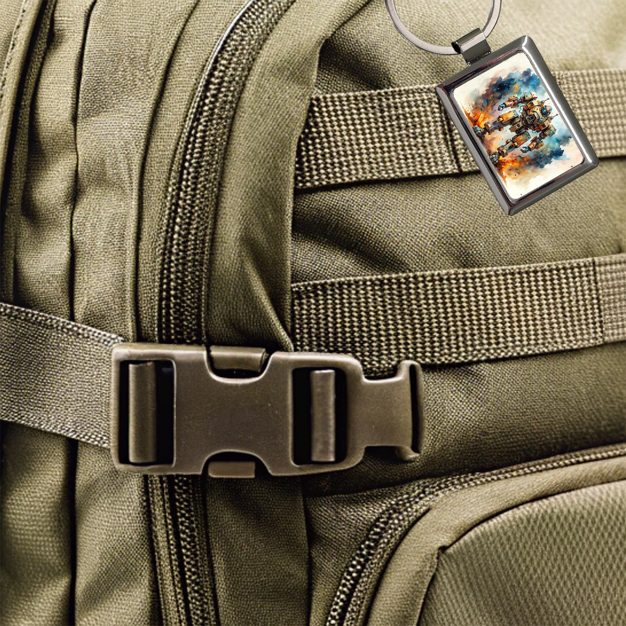 Sci-fi Steampunk Giant Robot Warrior Mech Watercolor Rectangle Metal Keychain