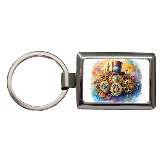 Sci-fi Steampunk Hat And Gears Watercolor Rectangle Metal Keychain