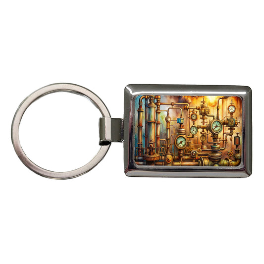 Sci-fi Steampunk Pipes Gauges Steam Fire Watercolor Rectangle Metal Keychain
