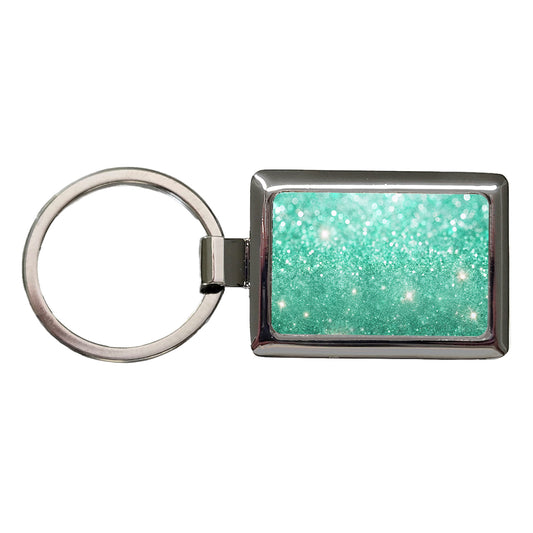 Sea Green Faux Glitter Rectangle Metal Keychain