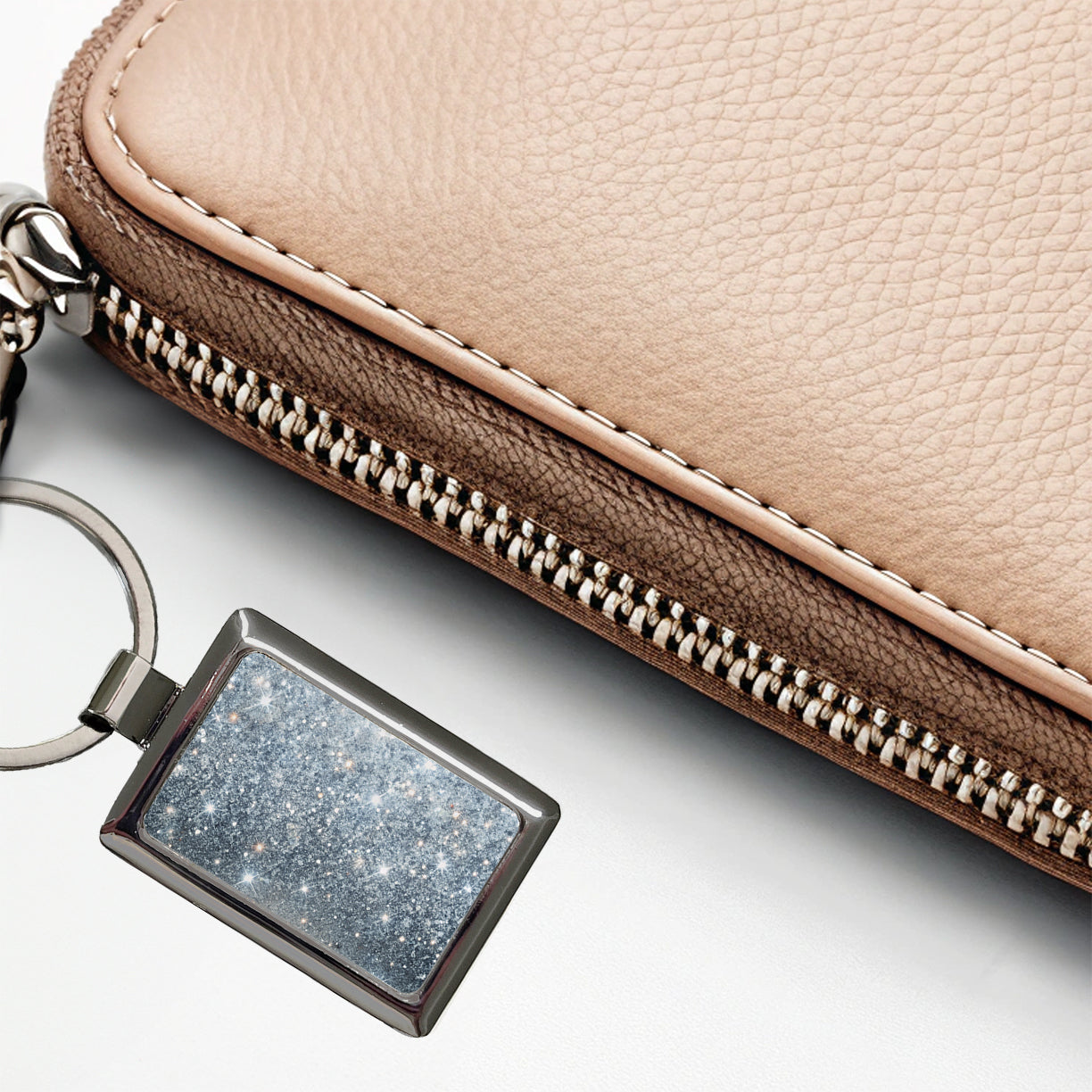 Silver Faux Glitter Rectangle Metal Keychain