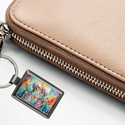 Skeletons In Love Hearts Valentine's Day Rectangle Metal Keychain