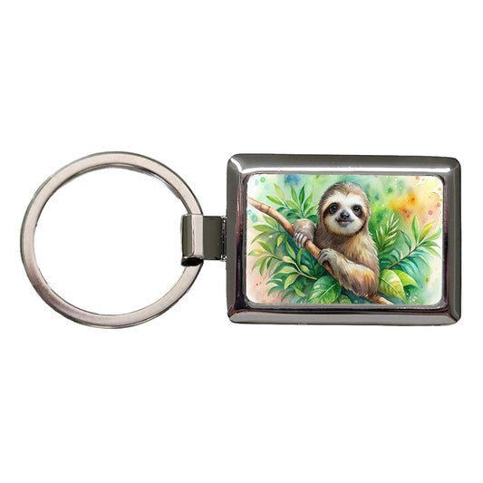 Sloth In A Tree Watercolor Rectangle Metal Keychain