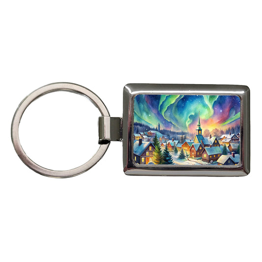Small Town Northern Lights Watercolor Rectangle Metal Keychain