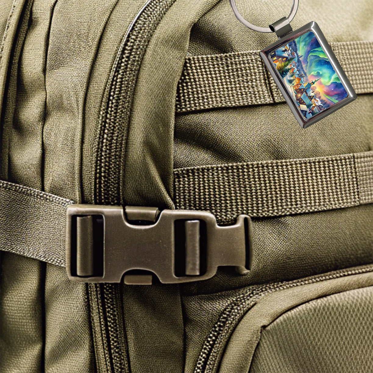 Small Town Northern Lights Watercolor Rectangle Metal Keychain