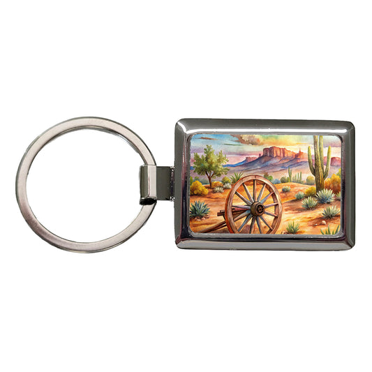 Southwest Desert With Abandoned Wagon Wheel Watercolor Rectangle Metal Keychain