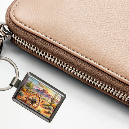 Southwest Desert With Abandoned Wagon Wheel Watercolor Rectangle Metal Keychain