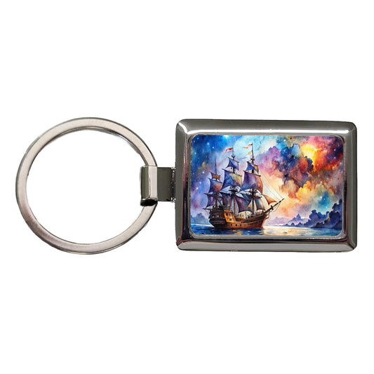 Space Pirate Ship Watercolor Rectangle Metal Keychain