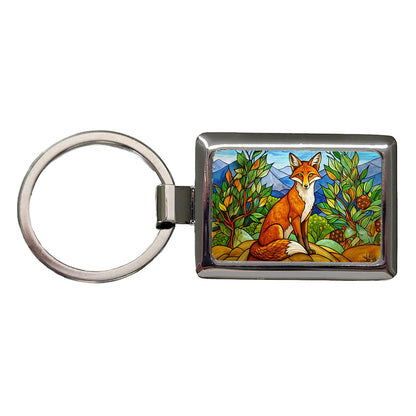 Stained Glass Fox Sitting Rectangle Metal Keychain