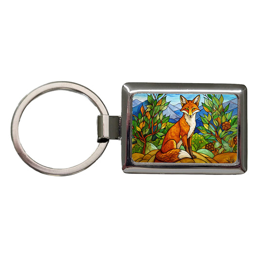 Stained Glass Fox Sitting Rectangle Metal Keychain