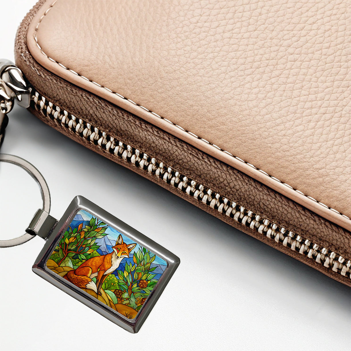 Stained Glass Fox Sitting Rectangle Metal Keychain