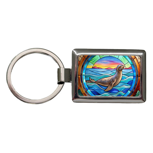 Stained Glass Seal In The Ocean Rectangle Metal Keychain
