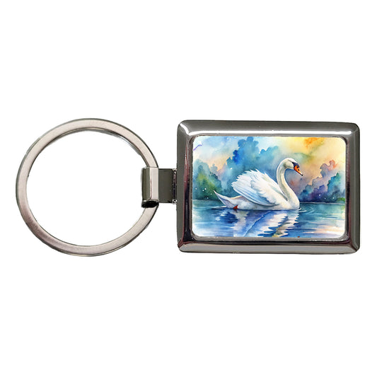 Swan Gliding Across Lake Watercolor Rectangle Metal Keychain