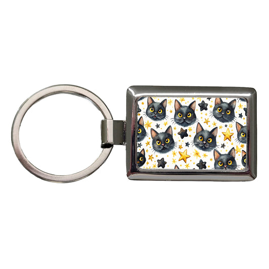 Sweet Black Cat Faces Yellow Stars Rectangle Metal Keychain