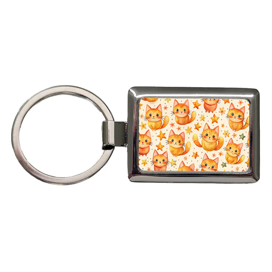 Sweet Orange Cats Yellow Stars Rectangle Metal Keychain