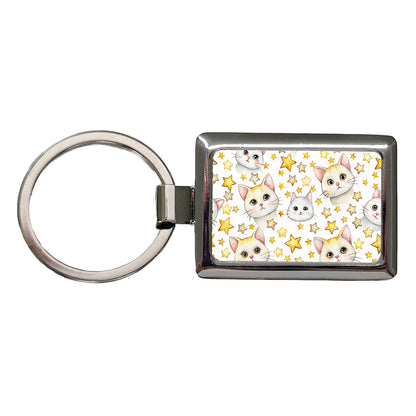 Sweet White Cats Yellow Stars Rectangle Metal Keychain