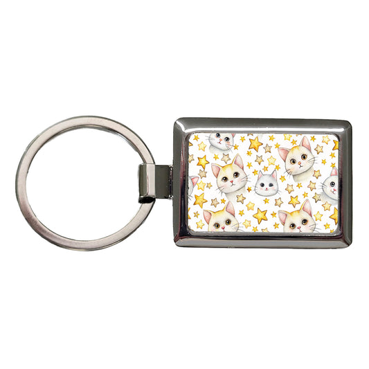 Sweet White Cats Yellow Stars Rectangle Metal Keychain
