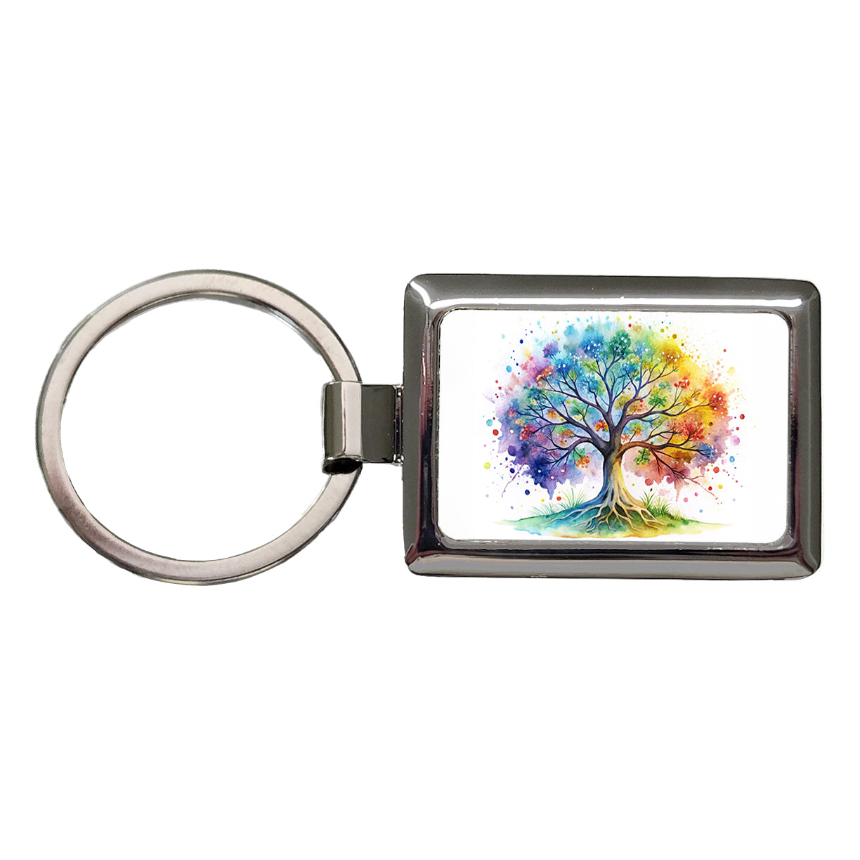 Tree Of Life Rainbow Watercolor Rectangle Metal Keychain