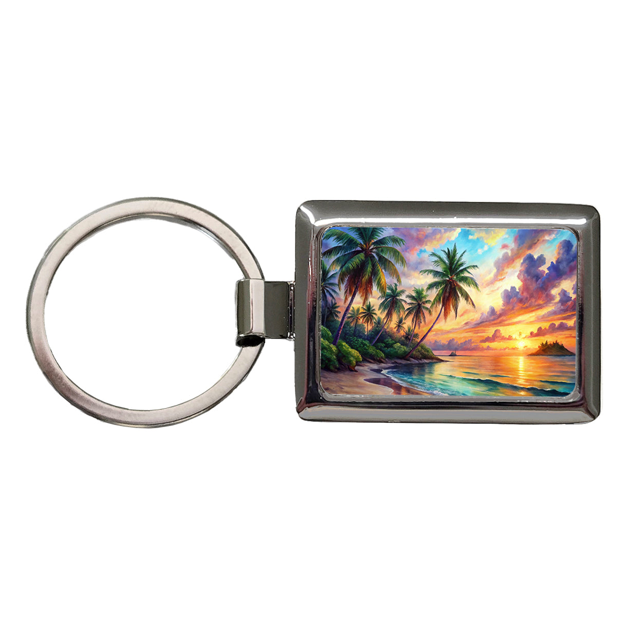 Tropical Beach At Sunset Watercolor Rectangle Metal Keychain