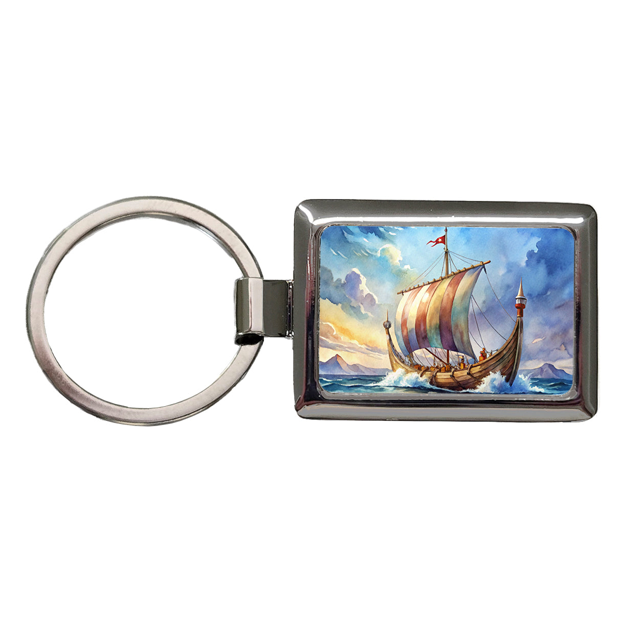 Viking Ship On The Ocean Watercolor Rectangle Metal Keychain