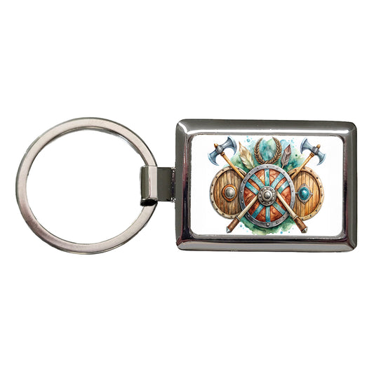 Viking Symbols Shields Axes Watercolor Rectangle Metal Keychain