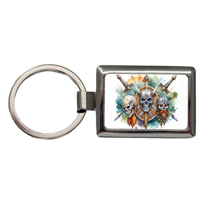 Viking Symbols Shields Swords Skulls Watercolor Rectangle Metal Keychain