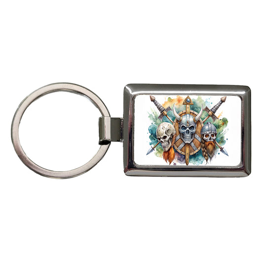 Viking Symbols Shields Swords Skulls Watercolor Rectangle Metal Keychain