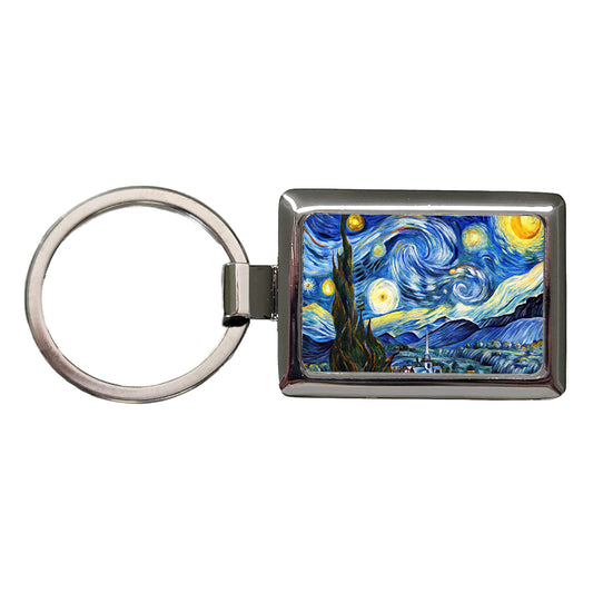 Watercolor Faux Van Gogh Starry Night Rectangle Metal Keychain