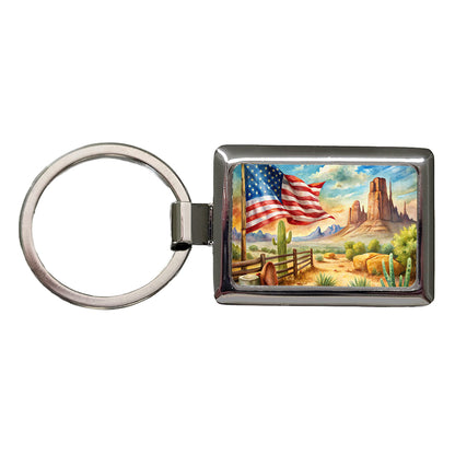 Western Americana American Flag Country Watercolor Rectangle Metal Keychain
