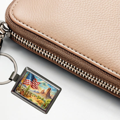 Western Americana American Flag Country Watercolor Rectangle Metal Keychain