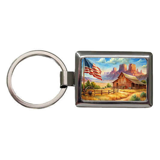 Western Americana Country Flag Ranch Wagon Wheel Rectangle Metal Keychain