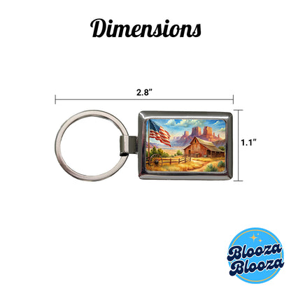 Western Americana Country Flag Ranch Wagon Wheel Rectangle Metal Keychain