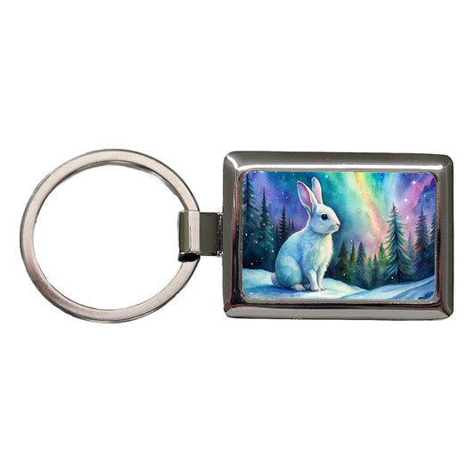 White Bunny Rabbit And Northern Lights Watercolor Rectangle Metal Keychain