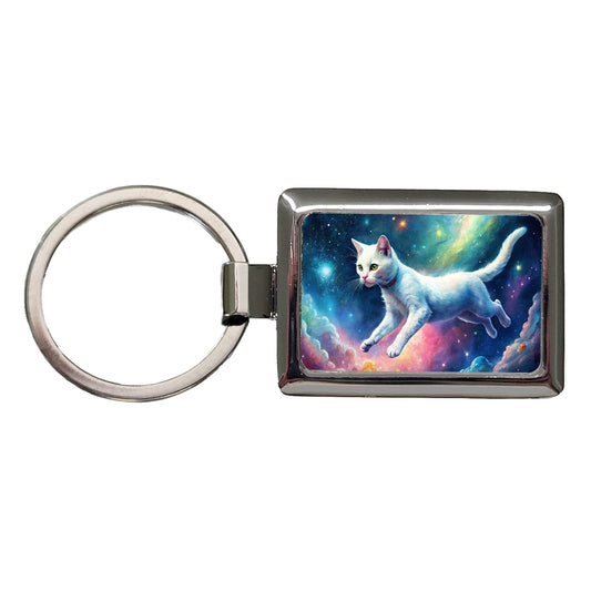 White Cat Flying Through Space Funny Watercolor Rectangle Metal Keychain