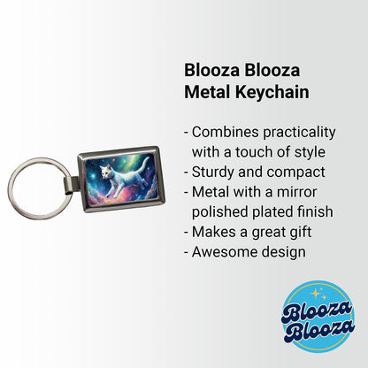 White Cat Flying Through Space Funny Watercolor Rectangle Metal Keychain