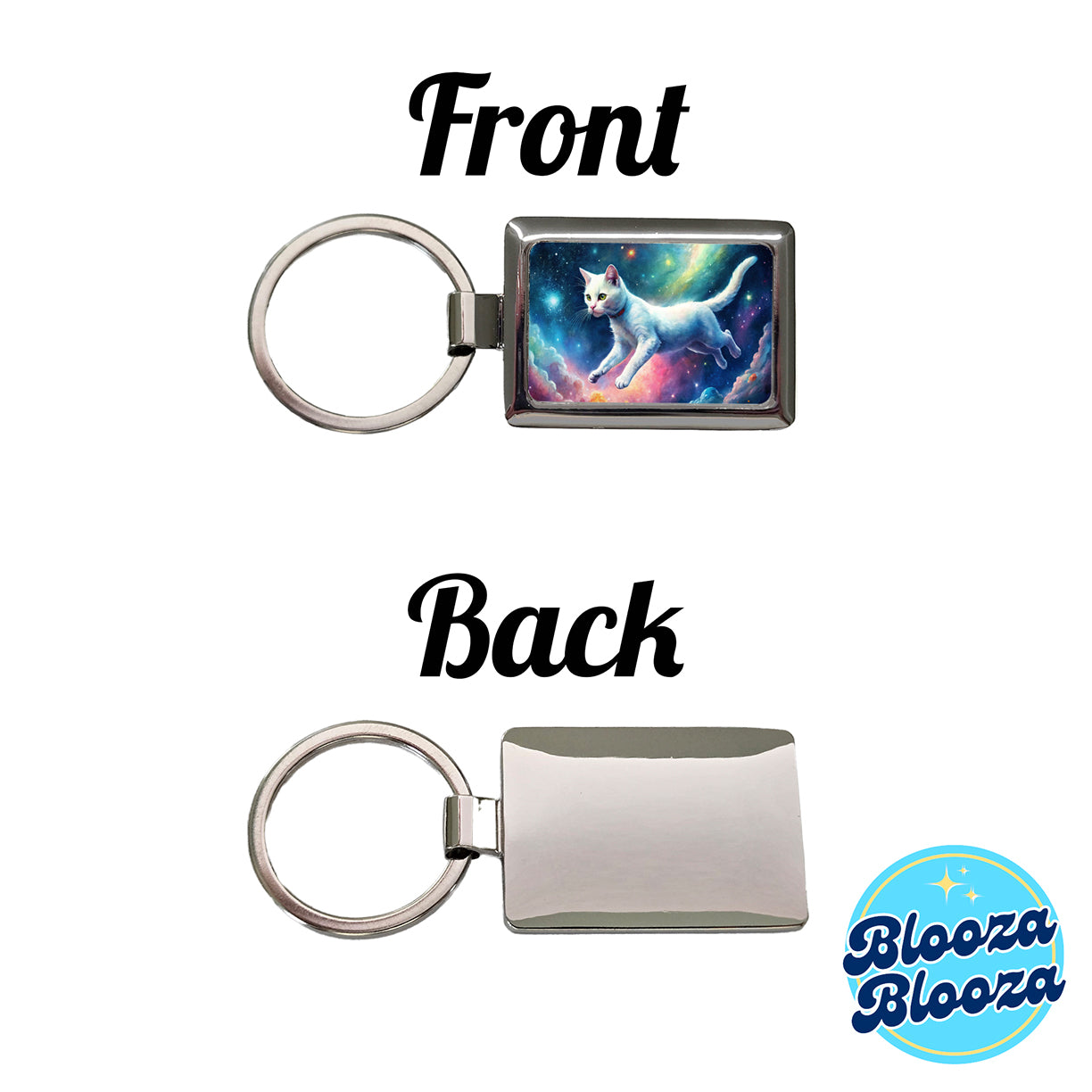 White Cat Flying Through Space Funny Watercolor Rectangle Metal Keychain