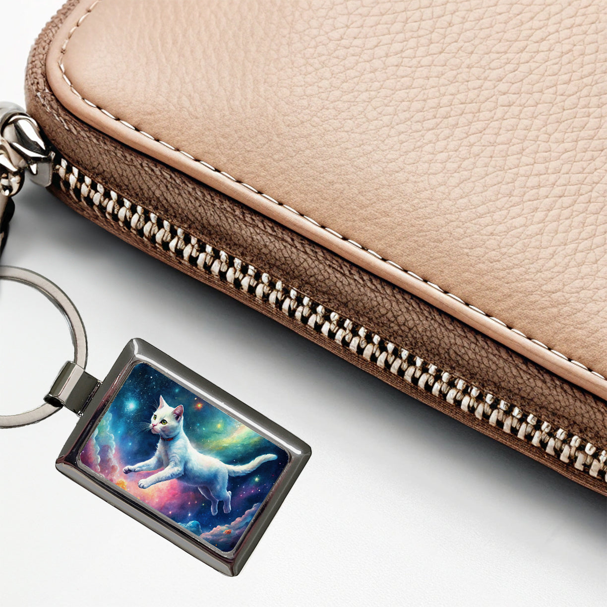 White Cat Flying Through Space Funny Watercolor Rectangle Metal Keychain