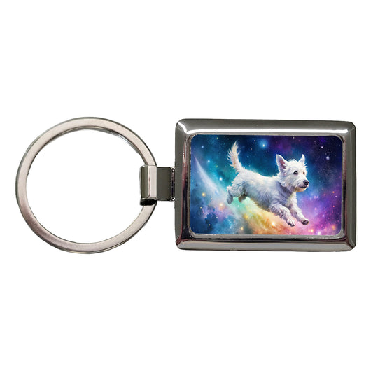 White Dog Flying Through Space Funny Watercolor Rectangle Metal Keychain